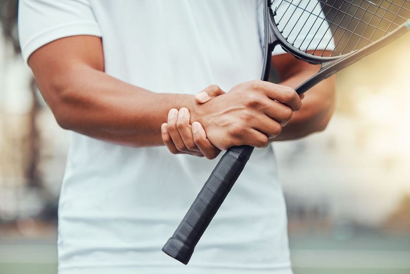 Person holding tennis racket and gripping their wrist in pain.